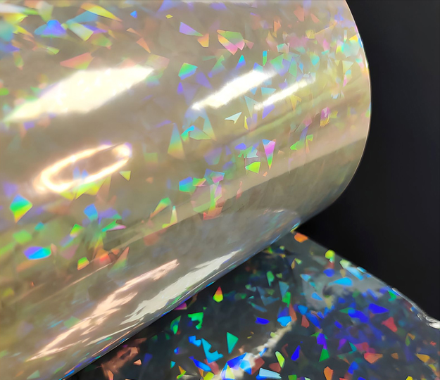 Transparent BOPP Holographic Broken Glass Hot Lamination Film Roll, Shattered Rainbow Fragment Hot Laminate Film