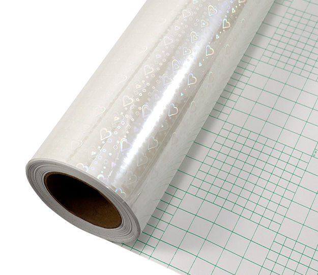 PVC Holographic Heart Cold Lamination Film, 45mic iridescent rainbow heart pattern laminating film for Valentine gift packaging and photo art